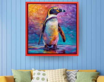 Luxurious Colorful Penguin Portrait – Detailed Full-Body Oil Painting Style, Vibrant Background Wall Art Poster/Canvas/Framed Print