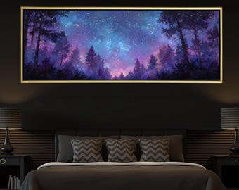 May include: A framed landscape painting depicts a starry night sky above a silhouetted forest. The artwork features a gold frame and a color palette of blues, purples, and pinks. The painting is displayed above a bed in a dark-themed bedroom.