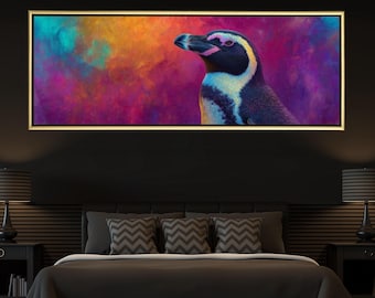 Luxurious Colorful Penguin Portrait – Full-Body Detailed Oil Painting, Vibrant Background Wall Art Canvas/Framed Canvas Print