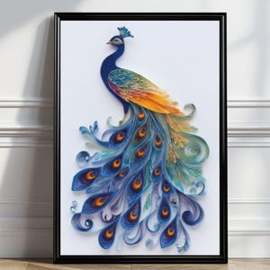 May include: A framed artwork featuring a peacock design. The peacock is rendered in shades of blue, green, and orange, with intricate details. The artwork is set against a white background and framed in a black frame. The peacock's tail feathers are fanned out.