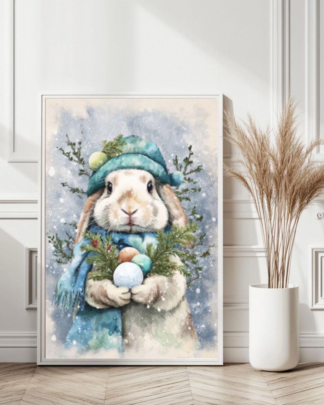 Luxurious Winter Rabbit Christmas Poster – Watercolor Bunny in Hat ...