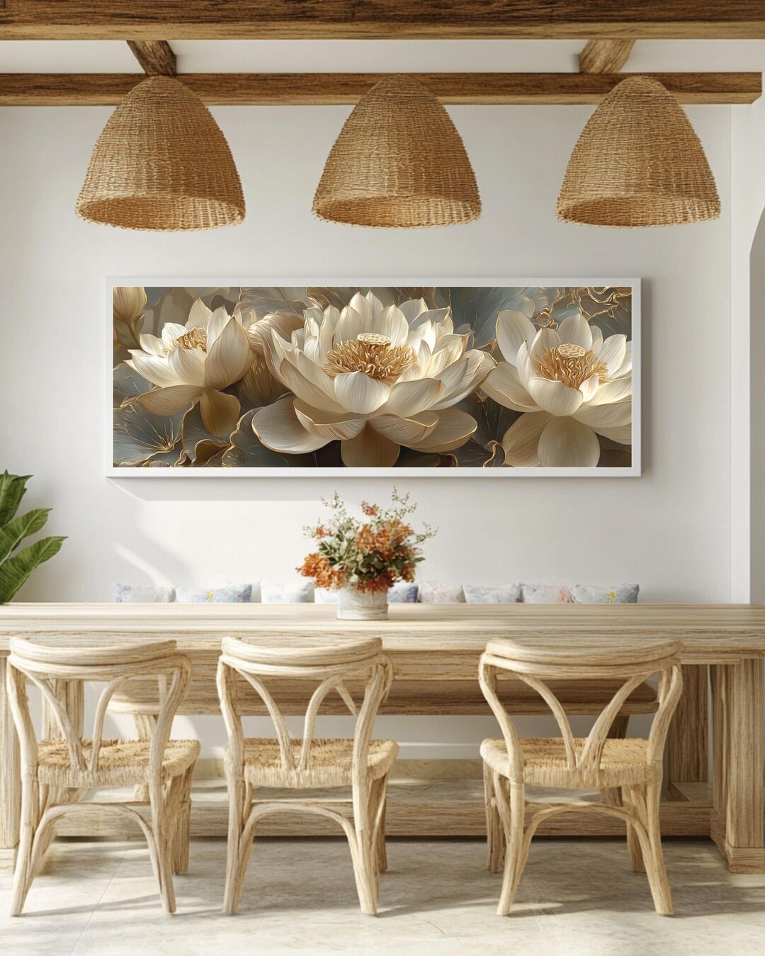 Golden White Lotus Canvas – Elegant Zen Flower Wall Art - Etsy