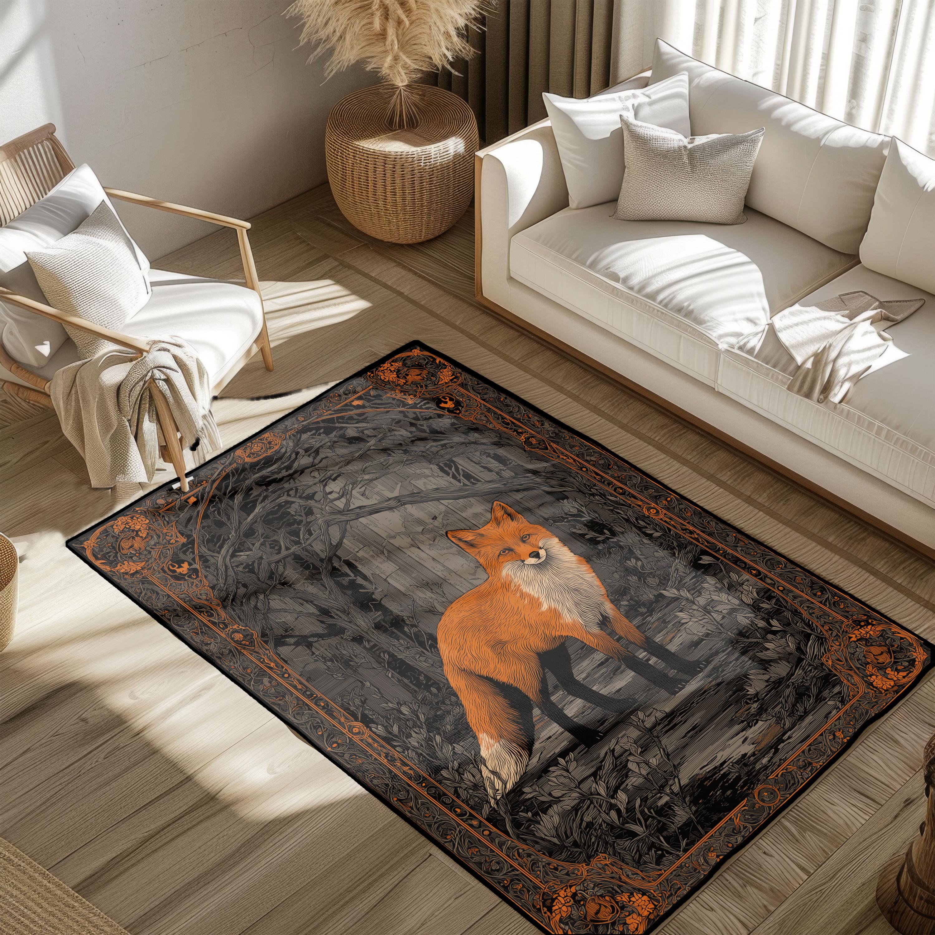Enchanted Forest Fox Area Rug, Mystical Woodland Theme Rug, Rustic