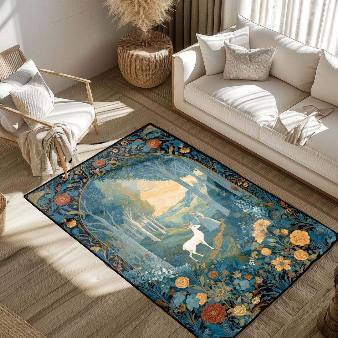 Art Nouveau Enchanted Forest Rug, Mystical White Stag Carpet, Whimsical ...
