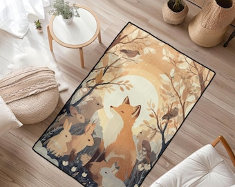 Verzauberter Waldtiere Teppich, Cottagecore Fuchs und Kaninchen Teppich, Teppich für Kinderzimmer, Waldtiere, Babyzimmer Dekor