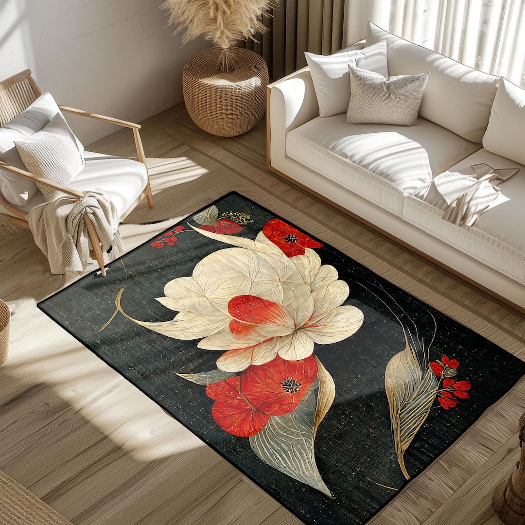 Dark Floral Area Rug, Cream Red Botanical Rug, Elegant Flower Floor Mat ...