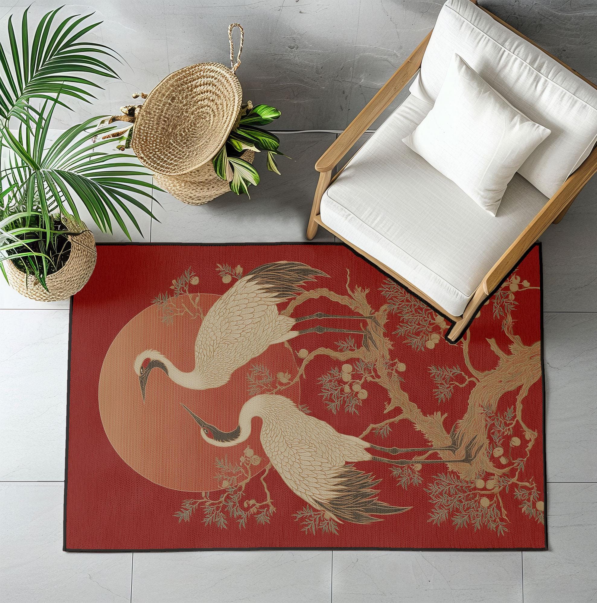 Japanese Pattern Rug Background Japanese Cranes Area Rug, Elegant Asian Art Home Decor Rug, Red Sunset ...