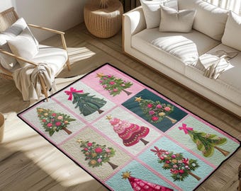 May include: A rectangular rug with a patchwork design of Christmas trees. Each tree is unique, with varying colours and decorations, set against pink, blue, and beige squares. The rug has a black border.