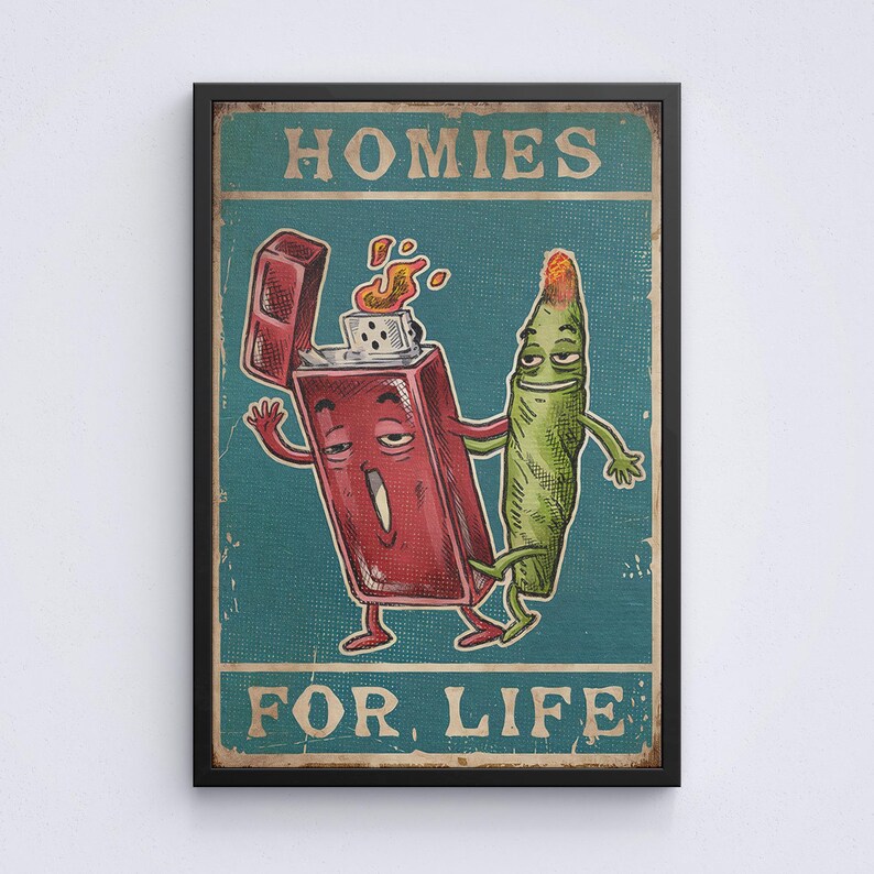 Homies For Life Funny Lighter And Pickle T-Shirt, Retro Cartoon Weed Stoner Shirt For 420 Lovers, Cannabis Humor Tee Gift, Best Buds Smoking image 2