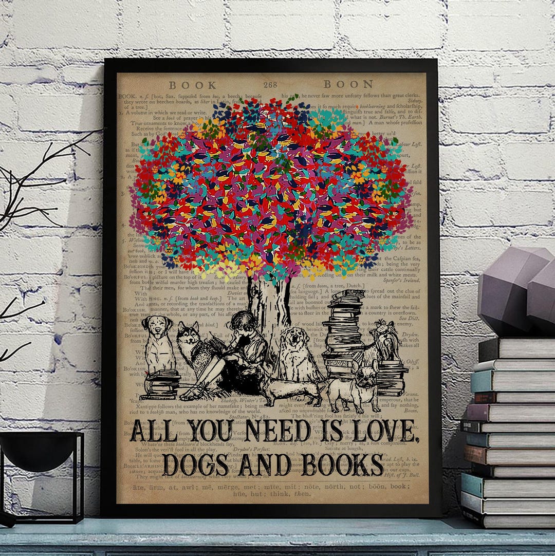 Dogs and Books Wall Art Print, Book Lover Gift Poster, Dog Mom Reading ...