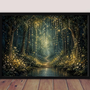 May include: A framed wall art print depicting a dark forest scene with a central path leading to a glowing light. The landscape features hanging vines, clusters of yellow flowers, and small mushrooms along a reflective stream of water.