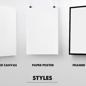 May include: Image showing three art display styles: a stretched canvas, a paper poster held by clips, and a framed canvas with a black border. The word "STYLES" is written below the images.