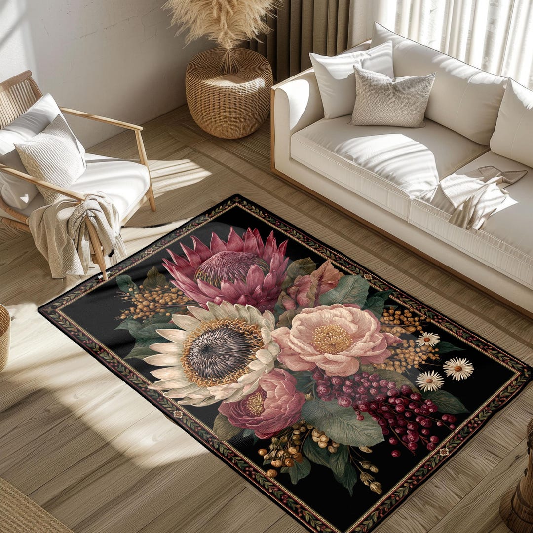 Protea Sunflower Peony Area Rug, Dark Floral Botanical Floor Mat ...