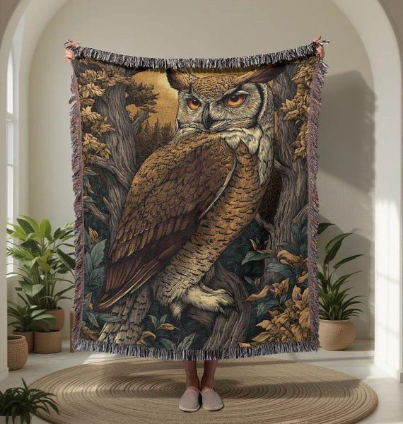 Great Horned Owl 100% Cotton Woven Blanket, Vintage Woodland Bird Throw, Rustic Forest Home Decor, C