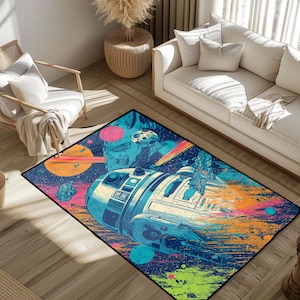 Peut inclure: Un tapis rectangulaire avec un design sur le thème de l'espace. Le tapis présente un vaisseau spatial, des planètes et des traînées colorées sur un fond bleu foncé. La palette de couleurs comprend le bleu, l'orange, le rose et le vert.