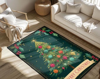 Vintage Christmas Floor Rug With Holly Leaves and Merry Christmas