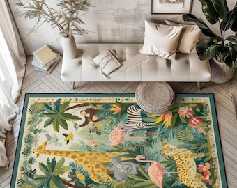 Jungle Animals Nursery Rug, Safari Kids Room Area Rug, Tropical Wildlife Carpet, Giraffe And Elephant Decor Rug, Animal Lover Gift Area Rug