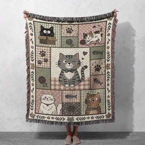 Manta tejida de algodón 100% con diseño de gato adorable, manta de retazos con gatitos para amantes de los gatos.
