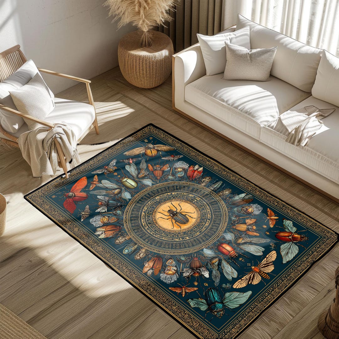 Modern Black Insect Rug Vintage Entomology Area Rug, Dark Academia Insect Art Floor Mat ...