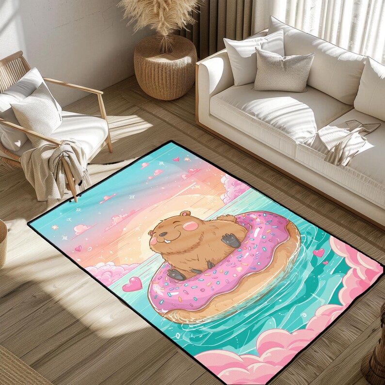 Cute Capybara Donut Float Rug, Kawaii Animal Area Rug for Kids Room ...