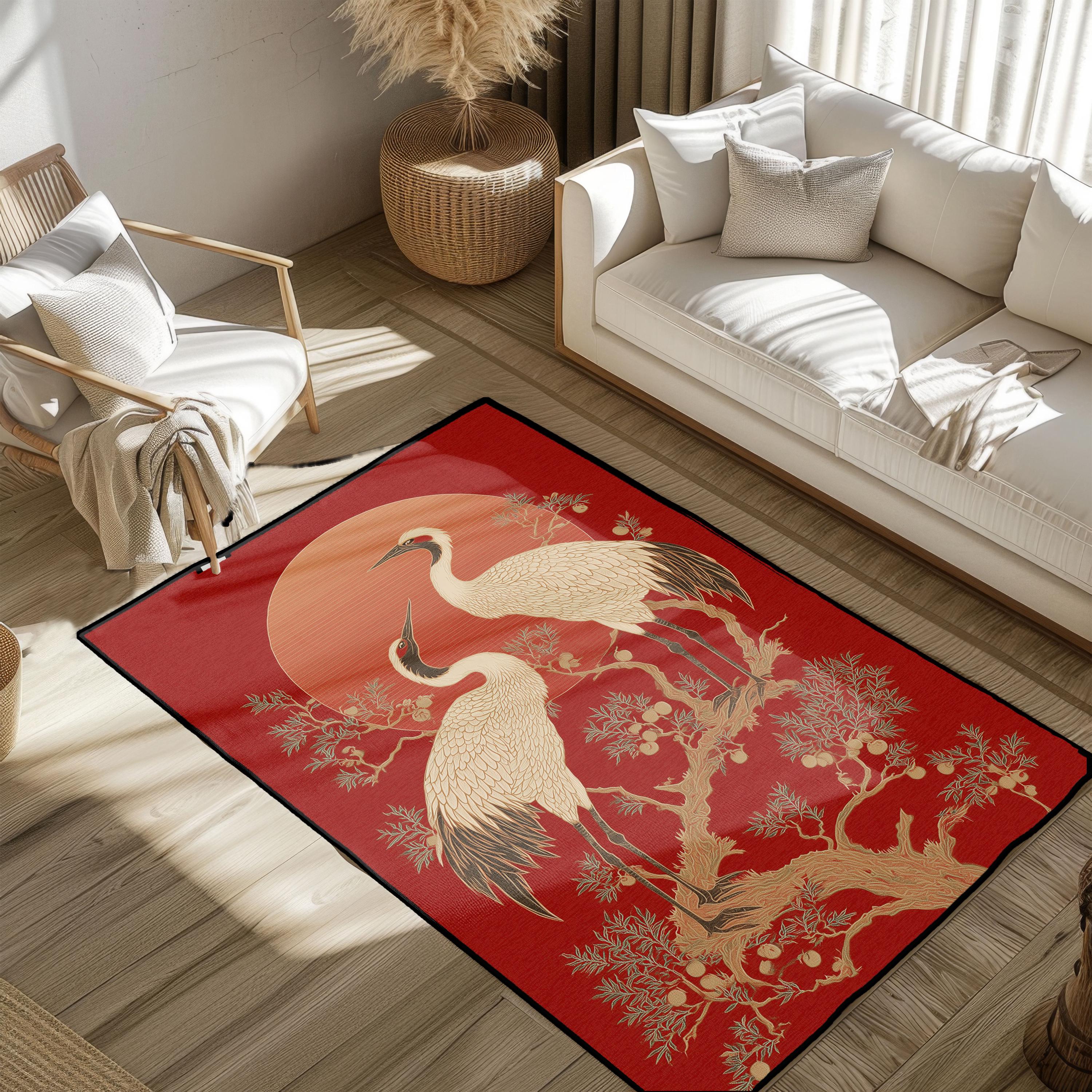 Japanese Pattern Rug Background Japanese Cranes Area Rug, Elegant Asian Art Home Decor Rug, Red Sunset ...