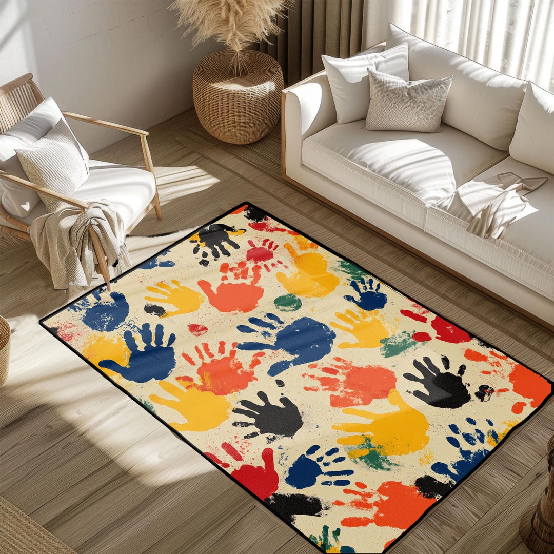 Tecaher Rug Colorful Handprints Rug, Art Teacher Gift Area Rug, Preschool Classroom ...