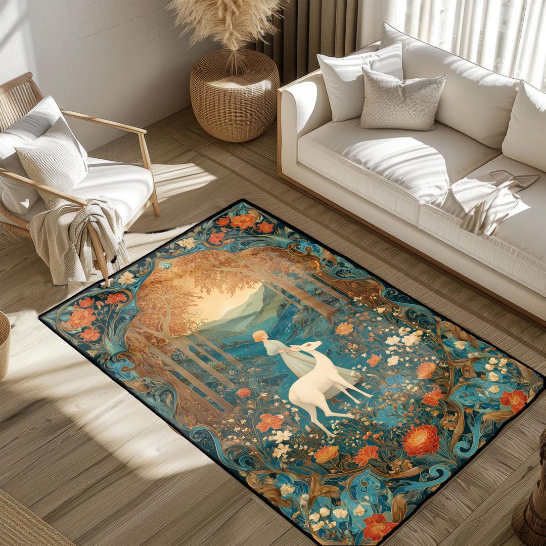 Enchanted Rug Fantasy Enchanted Forest Rug, Whimsical Deer and Girl Area Rug, Art ...