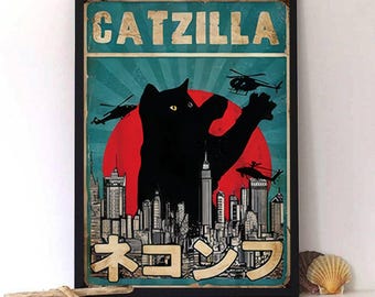 Grappige Catzilla-poster voor kattenliefhebbers, vintage Japanse monsterkunstprint, retro zwarte kat wanddecoratie, Kaiju-parodie cadeau, Giant Kitten City