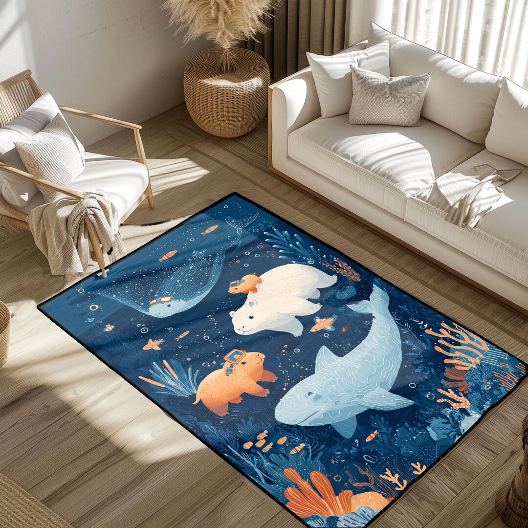 Ocean Life Kids Rug With Cute Whales and Fish, Underwater Sea Animals ...