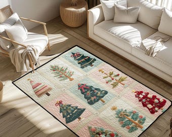 May include: A rectangular Christmas rug with nine squares, each displaying an embroidered Christmas tree design. The trees vary in colour and style, set against light pink and blue squares. The rug has a black trim border. The rug is suitable for a living room.