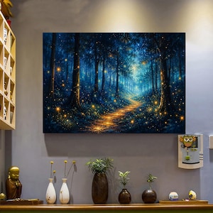 May include: A rectangular wall art print depicting a dark forest scene at night with a glowing path illuminated by numerous golden fireflies. The artwork features deep blue and black tones contrasted by bright yellow light points throughout the trees.