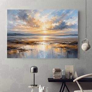 Stampa su tela "Tramonto sulla costa", paesaggio marino con tecnica impasto, poster con riflessi sull'oceano, arredamento moderno per il soggiorno con paesaggio marino.