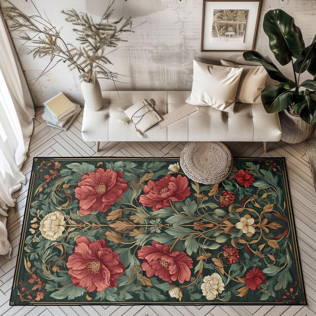 Vintage Floral Peony Area Rug, Dark Cottagecore Living Room Rug ...
