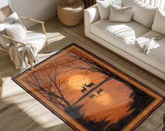 Rustic Deer Sunset Area Rug For Nature Lovers, Wildlife Forest Lodge Rug, Hunter Cabin Decor Floor Mat