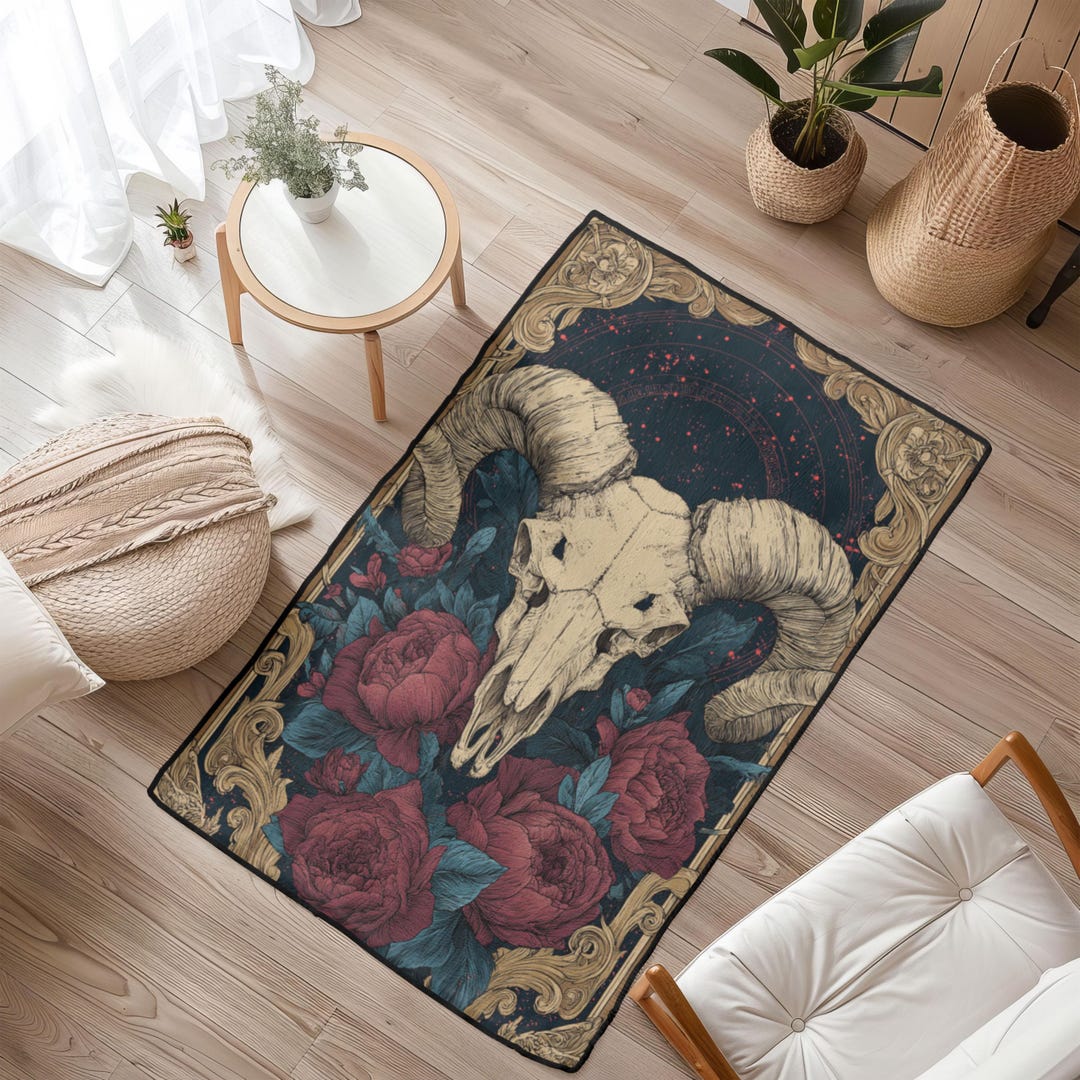 Gothic Ram Skull Area Rug With Vintage Floral Design, Mystical Occult ...
