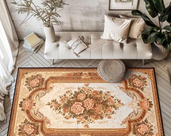 Alfombra vintage con estampado floral de rosas rosas, alfombra con medallón de borde ornamentado, alfombra clásica con estampado de rosas para sala de estar, alfombra elegante para la decoración del hogar.