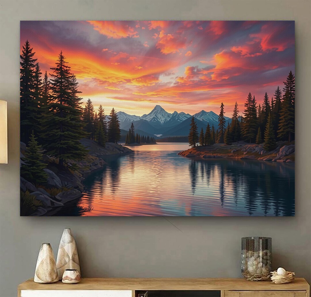Sunset Mountain Lake Wall Art, Forest Landscape Canvas Poster, Scenic ...