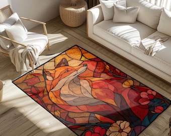 Stained Glass Fox Area Rug With Vibrant Flowers, Colorful Woodland Fox Rug For Living Room, Artistic Nature Home Decor Rug, Fox Lover Gift