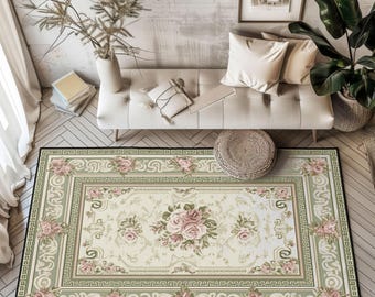 Vintage Pink Rose Area Rug, Sage Green Floral Carpet, Traditional Country Floor Mat for Living Room, Bedroom or Entryway