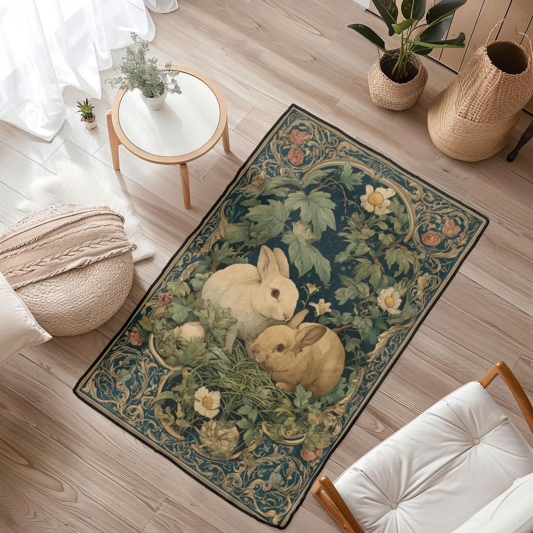 Vintage Rabbit Woven Rug, Cottagecore Bunnies Art Area Rug, Woodland ...
