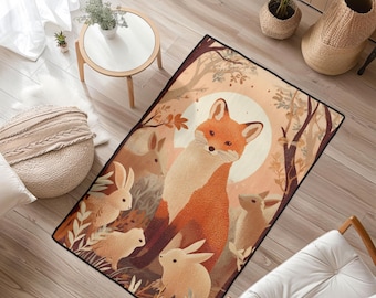 Teppich Fuchs und Kaninchen, Cottagecore Waldtier Teppich, Wunderlicher Natur Liebhaber Geschenk Teppich, Boho Kinderzimmer Dekor Kinderzimmer Bodenmatte