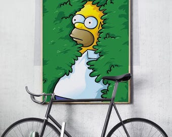 Funny Homer Simpson Bush Meme Print, Iconic Cartoon Hiding Wall Art, Pop Culture Office Decor Poster, Humor Gift For Friend, Fan Art