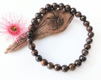 Bronzite Gemstone Bracelet: Golden Brown Glittering Beads (18.5cm)