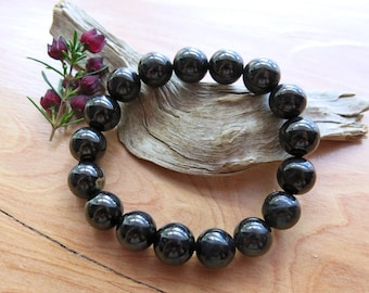 Jet Bracelet: 12mm Round Gemstone Beads, Comforting Stone