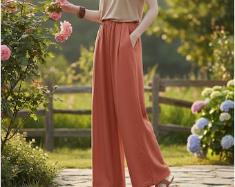 Wide Leg Linen Pants Women | Summer Spring Loose Trousers | Elastic Waist Casual Beach Pants | Christmas New Year Gift | Minimalist Style