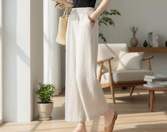 Linen Wide Leg Pants for Women, Loose Fit Summer Lightweight Elastic Waist Casual Trousers