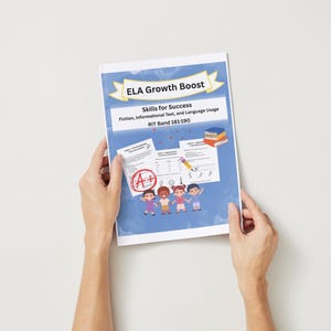 May include: A blue and white educational booklet titled "ELA Growth Boost" is held by two hands. The booklet features the text "Skills for Success" and "RIT Band 181-190". Illustrations of children, books, and a pencil are also visible.