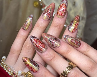 Handmade Red & Gold Baroque Press On Nails | Cathedral Art Style