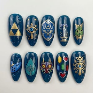 Handmade Zelda Inspired Press On Nails | Luxury Hylian Shield & Master Sword Art | Royal Blue Fantasy Custom Nails Set image 1