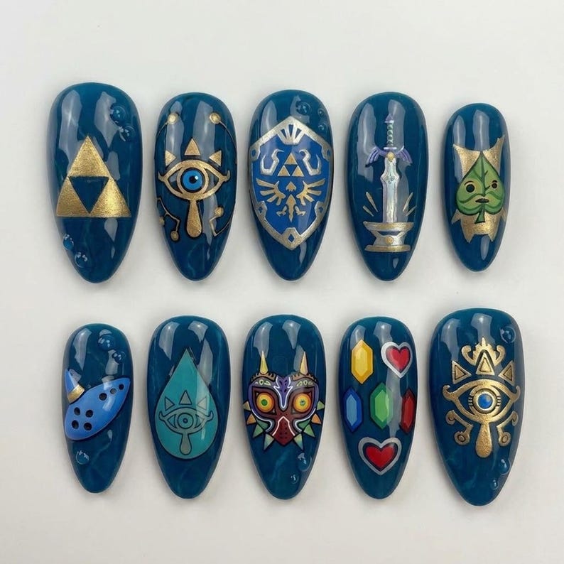Handmade Zelda Inspired Press On Nails | Luxury Hylian Shield & Master Sword Art | Royal Blue Fantasy Custom Nails Set image 1